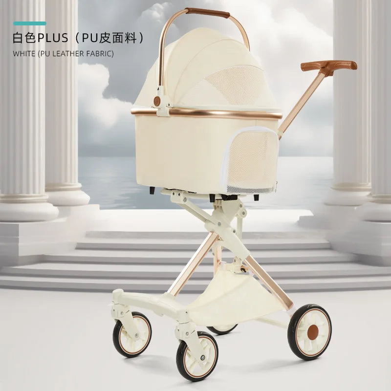 Foldable Strollers For Dogs Cats Milk White PU High Landscape Pet Stroller Outdoor Travel Pet Trolley Bearing Weight 15 KG