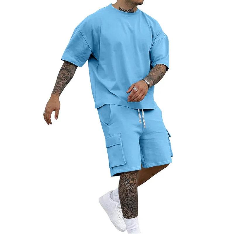 New Summer Style Fashion T-shirt and Utility Shorts Solid Color Set, a Casual and Sporty Men's Suit - AIAZ