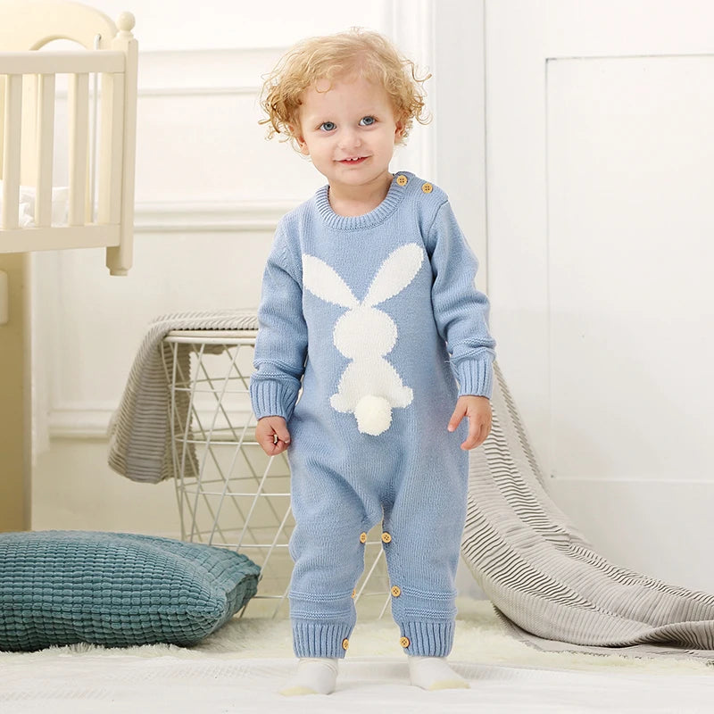 Cute Rabbit Knitted Baby Rompers Clothes Spring Autumn Crew Neck Long Sleeves Newborn Boys Girls Easter Jumpsuits Outfits 0-18m