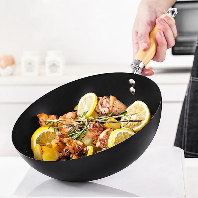 Carbon Steel Mini Wok 20cm Classic Kitchen Cooking Pot Non-Induction/Wooden Handle Flat Base Pan Includes 1 x Chinese Wok Pan