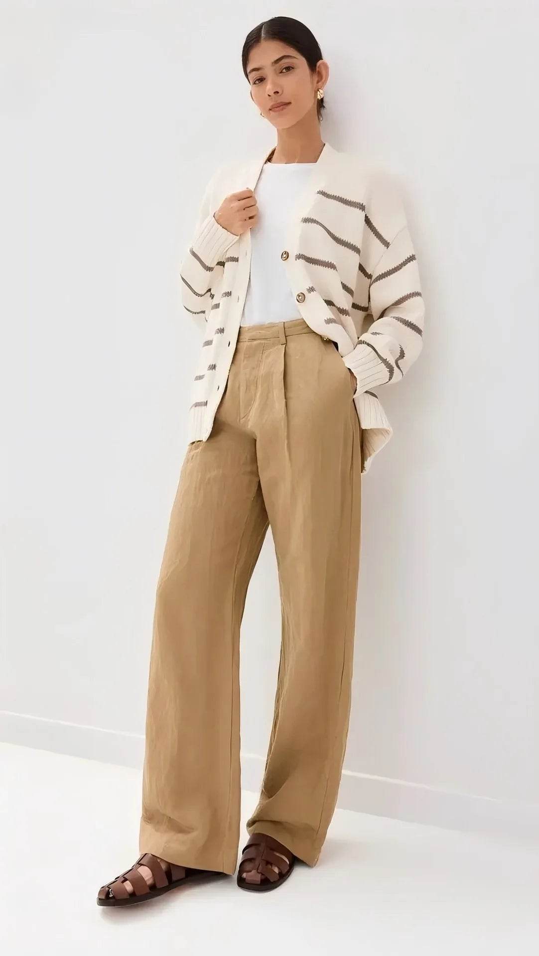 Casual Stripe Knitted Cardigan For Women 2025 Autumn Winter Single Breasted V-Neck Sweater Female Loose Coat - AIAZ