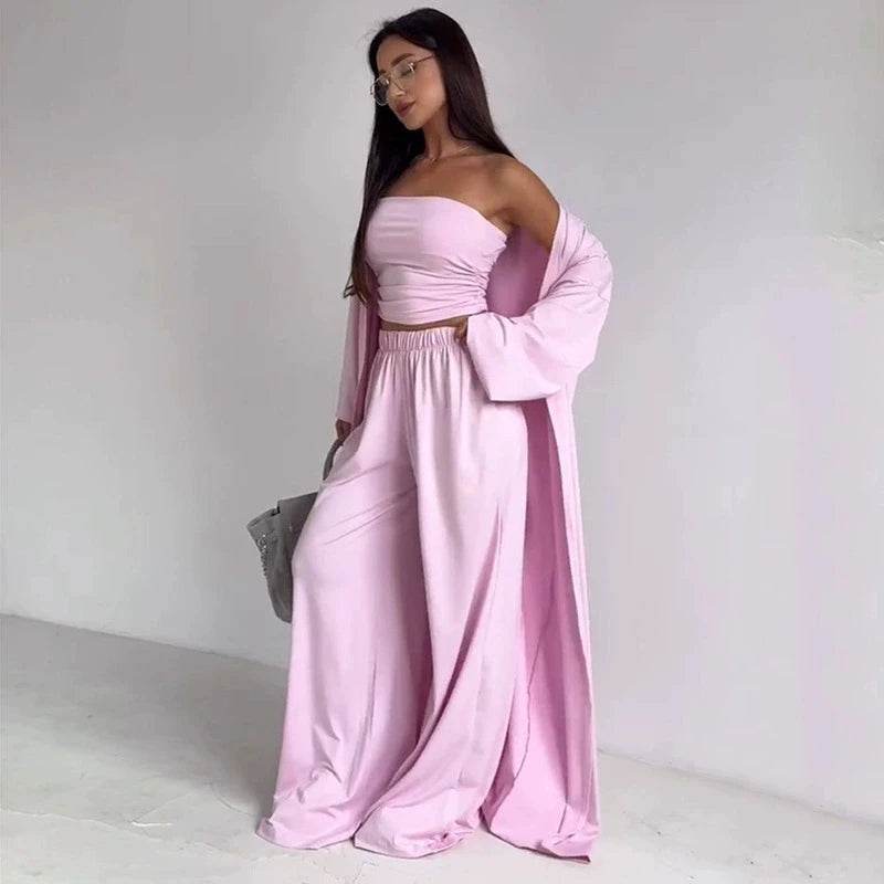 Pants Sets Women Solid Color Loose Long Cardigan Coat Tube Top High Waist Wide Leg Trousers Three Piece Set Casual Lady Suits - AIAZ