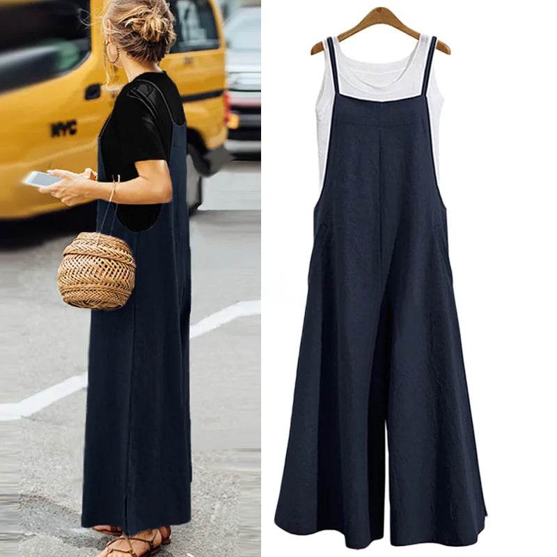 Women Straps Jumpsuit Summer Solid Color Wide Leg Pants Dungaree Bib Overalls Casual Loose Sleeveless Cotton Linen Jumpsuits 5Xl - AIAZ
