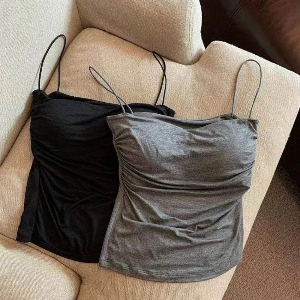 Summer Camisoles Tank Tops Women With Built In Bra Spaghetti Strap Tanks Vest Sleeveless Tees Cropped Top Solid Color Casual Top - AIAZ