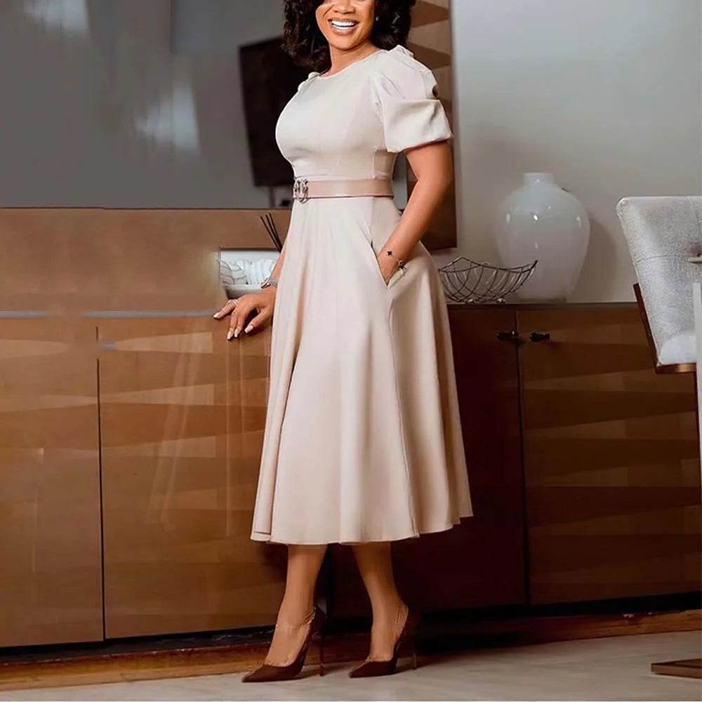 Elegant Office Dress for Women Professional O Neck Short Sleeve Belt Waisted A Line Mid Calf Formal Business Work Dress Midi New - AIAZ