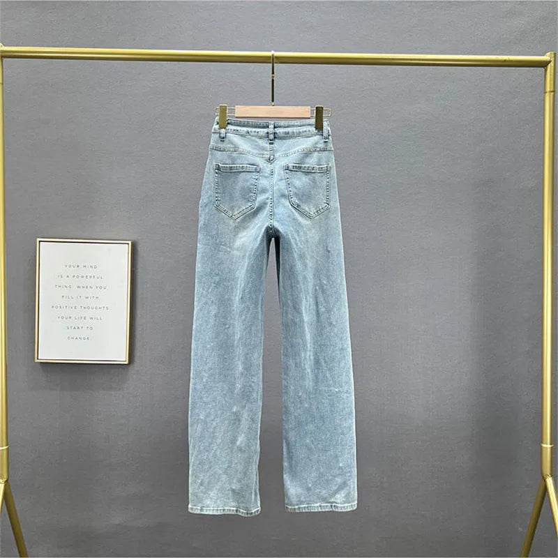 Denim Pants Fashion Beaded Jeans Wide-Leg Pants Female Tide 2025 New Spring And Summer High Waist Loose Mop Pants - AIAZ