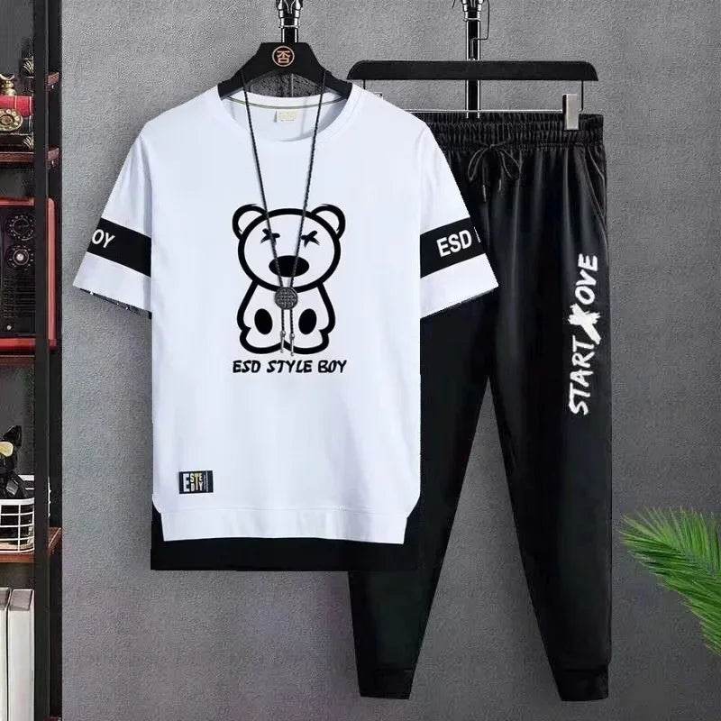 T Shirt for men Casual Set Suit T-shirt Slim Fit Short Sleeved Fashion chothes and Trendy Versatile T-shirt and Sports Pants - AIAZ