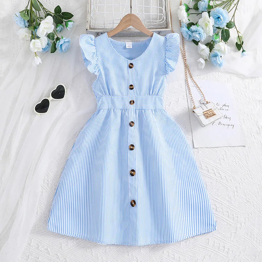Girl Dress Summer New Light Blue Stripe Ruffled Sleeveless V-Neck Dress Elegant Cute Daily Casual Vacation Preppy Style Outifits