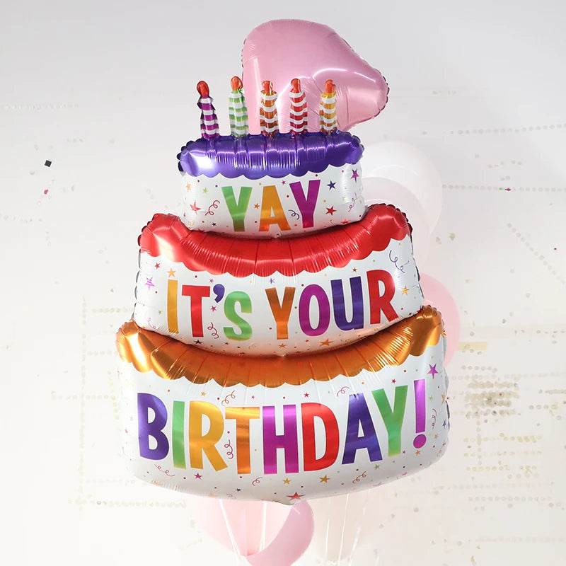 Large Cake Balloons Happy Birthday Cartoon Bear Foil Helium Balloons for Kids Baby Shower Decoration Props Supplies Toys Globos - AIAZ