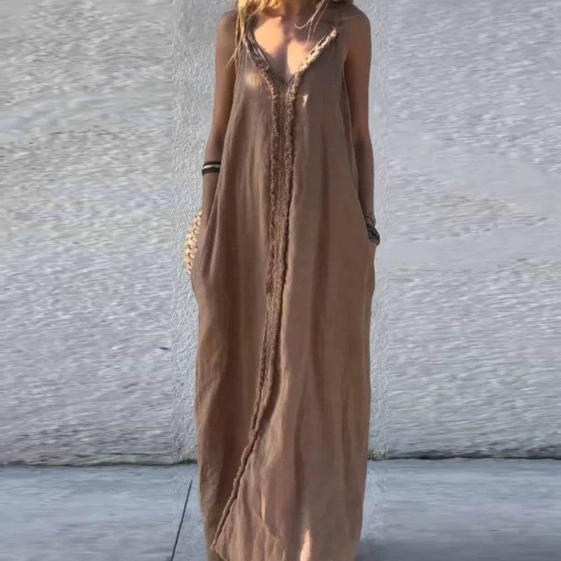 Woman Sexy V Neck Tassel Long Dresses Spring Solid Loose Boho Suspender Dress New Summer Sleeveless Vacation Maxi Dress Vestidos - AIAZ