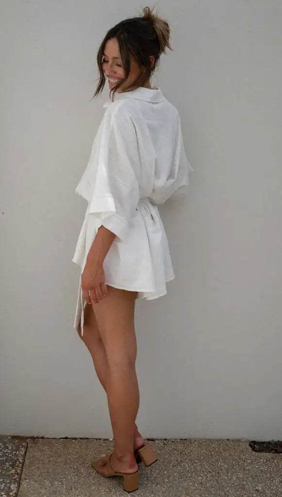 Women's Jumpsuit Spring/summer New Style With Collar Mid Sleeves Waist Strap Fashionable Loose Short Style Solid Color Jumpsuit - AIAZ