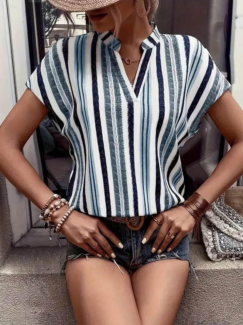 Women's Tops Blouses New 2025 Summer Casual Fashion Striped Print V-neck Short Sleeve Shirt Elegant Women Shirts Tops Streetwear - AIAZ