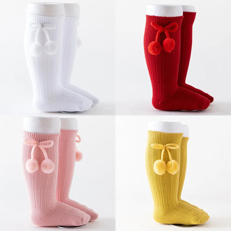 Baby Socks Solid Cotton Soft Long Princess Socks with Cute Pom-Pom Bow Decor Boy Girls Stretchy Warm Cozy Casual Socks Stockings
