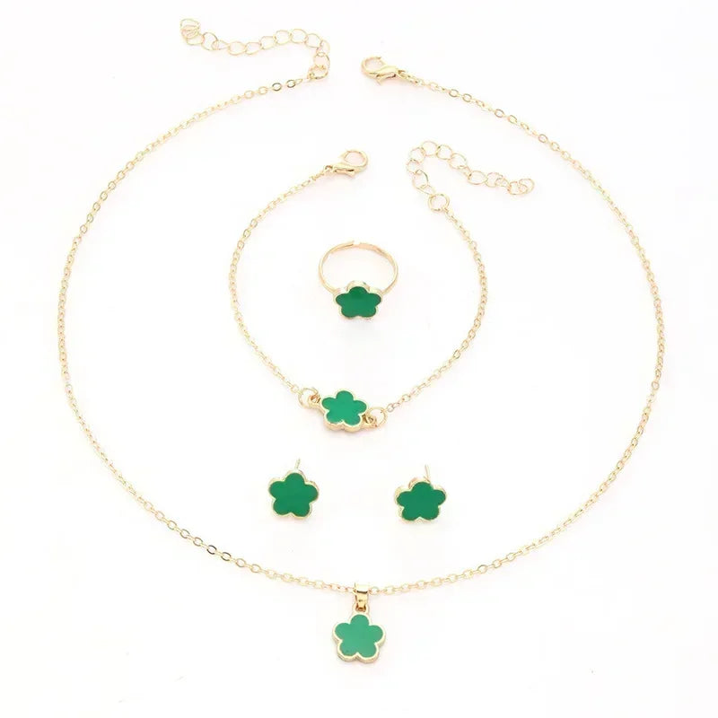 Lucky Five-petal Flower Clover Earrings Necklace Ring Bracelet Four-piece Set for Woman Fashionable Accessories Party Jewelry