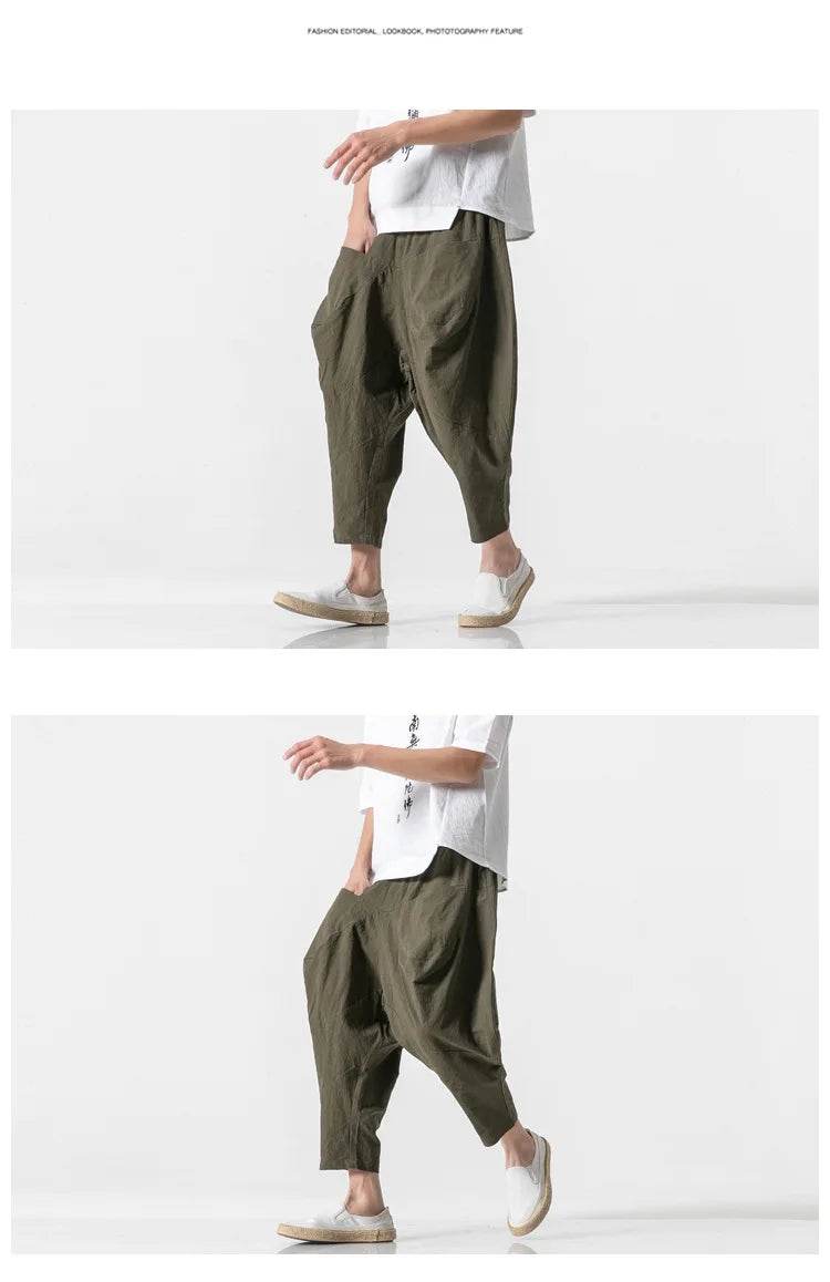 2025 Men Linen Pants Mens Wide Crotch Harem Pants Man Chinese Style Ankle-Length Pants Male Wide-Legged Bloomers Trousers - AIAZ