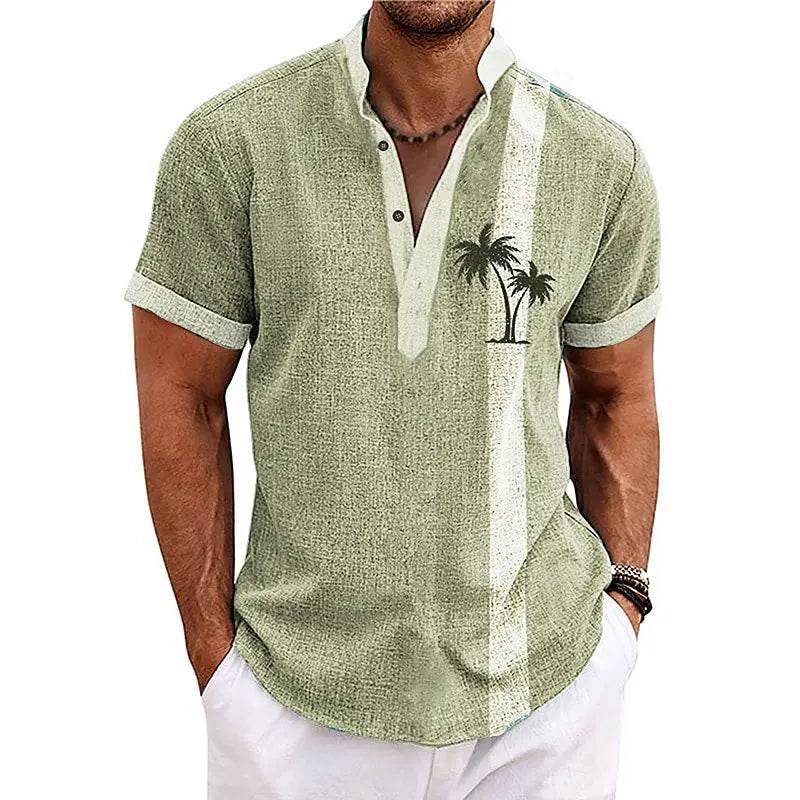New Coconut Tree Striped 3D Print Henley Shirts Men's Oversized Button Stand Collar Short Sleeve T Shirt Tees Tops Man Clothing - AIAZ