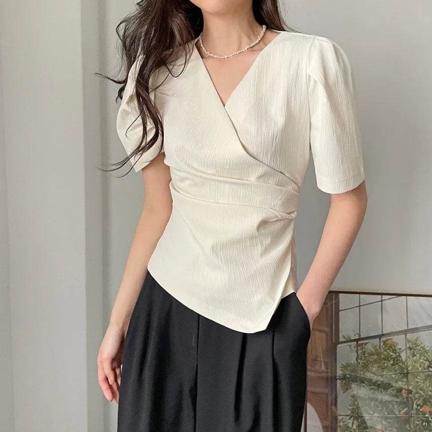 Women Blouse 2025 Spring Summer Solid Tucked V Neck Slim Blouse Elegant Short Sleeve Asymmetrical Top For Women Hot Sale - AIAZ