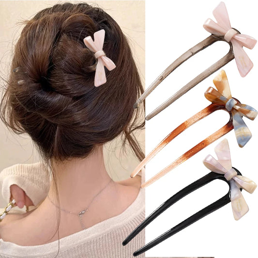 New Acetate Bow U-Shaped Hair Sticks for Women Girls Acrylic Hair Fork Bun Sweet Trendy Hairpin HairStyling Hair Accessories