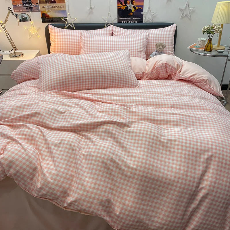 Nordic Plaid Pattern Wash Cotton Bedding Set Duvet Cover Pillowcase Bed Sheet Set Comforter Cover Bed Linens Set Queen King Size