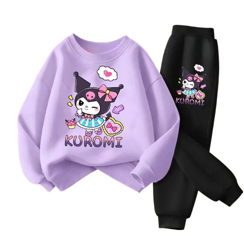 SANRIO Spring Autumn Children Clothing Sets Cartoon Kuromi Print Girls Sweatshirt  2pcs Suit Breathable Thin Kids Tracksuit