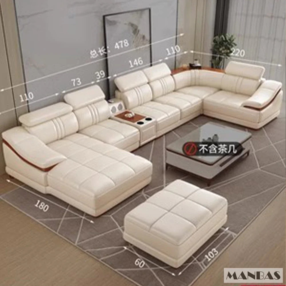 Elegant Leather Sectional Sofas Sets with Cup Holder, Adjustable Headrests & Bluetooth Speaker - MINGDIBAO Living Room Couches