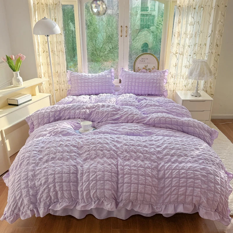 Korean Princess Style Lace Ruffles Bedding Set Skin-friendly Soft Seersucker Duvet Cover Set Bed Sheet Or Bed Skirt Pillowcases