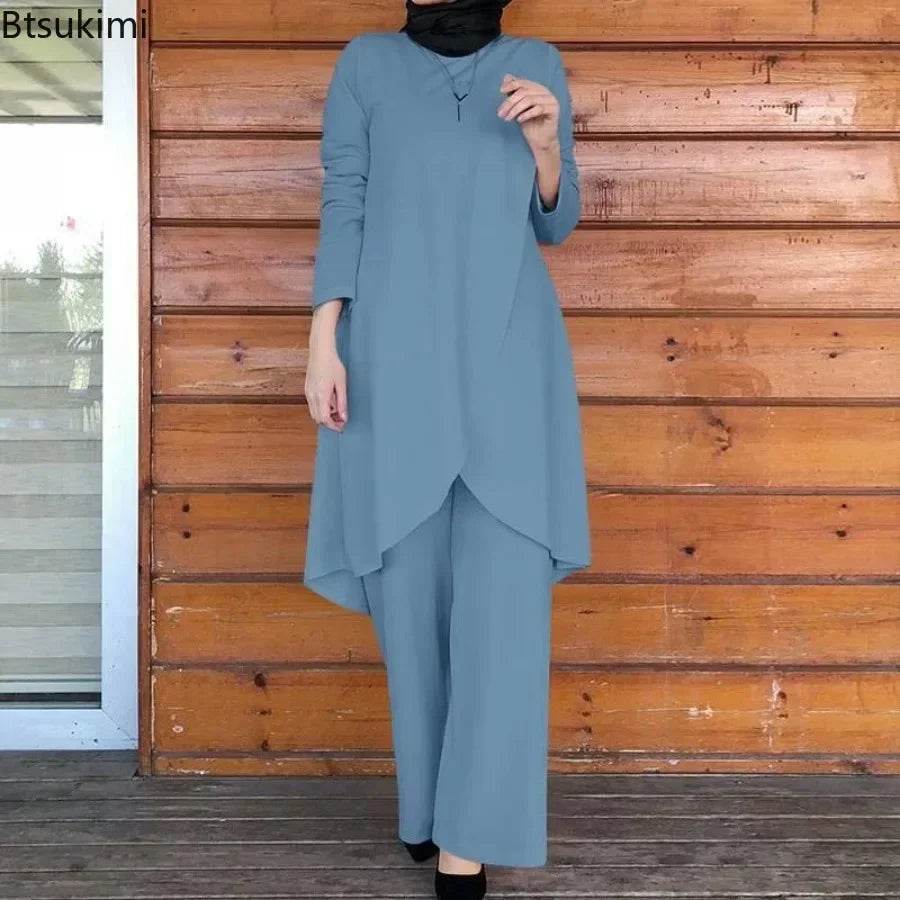 2025 Women's Muslim Sets Fashion Asymmetrical Blouse with Wide Leg Pants Casual Suits Dubai Turkey Matching Sets Ladies Outfits - AIAZ
