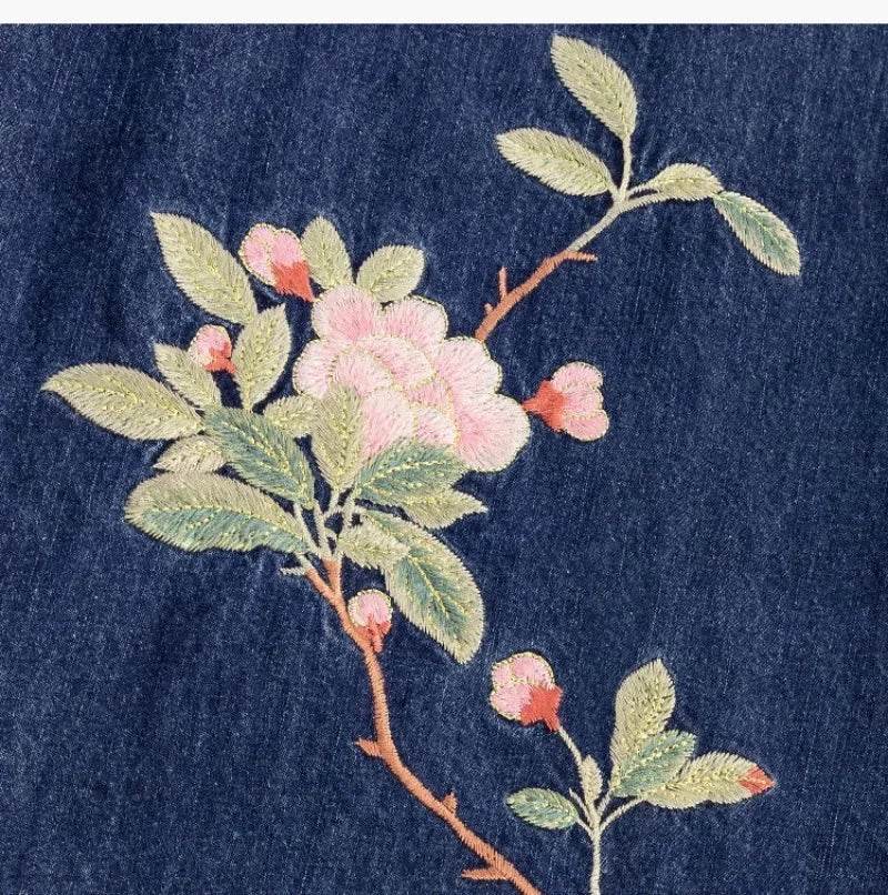 Embroidered Denim Dress For Women Spring Summer 2025 New Retro Versatile Waist Closure Long Denim Strap Dress Mujer Vestidos - AIAZ