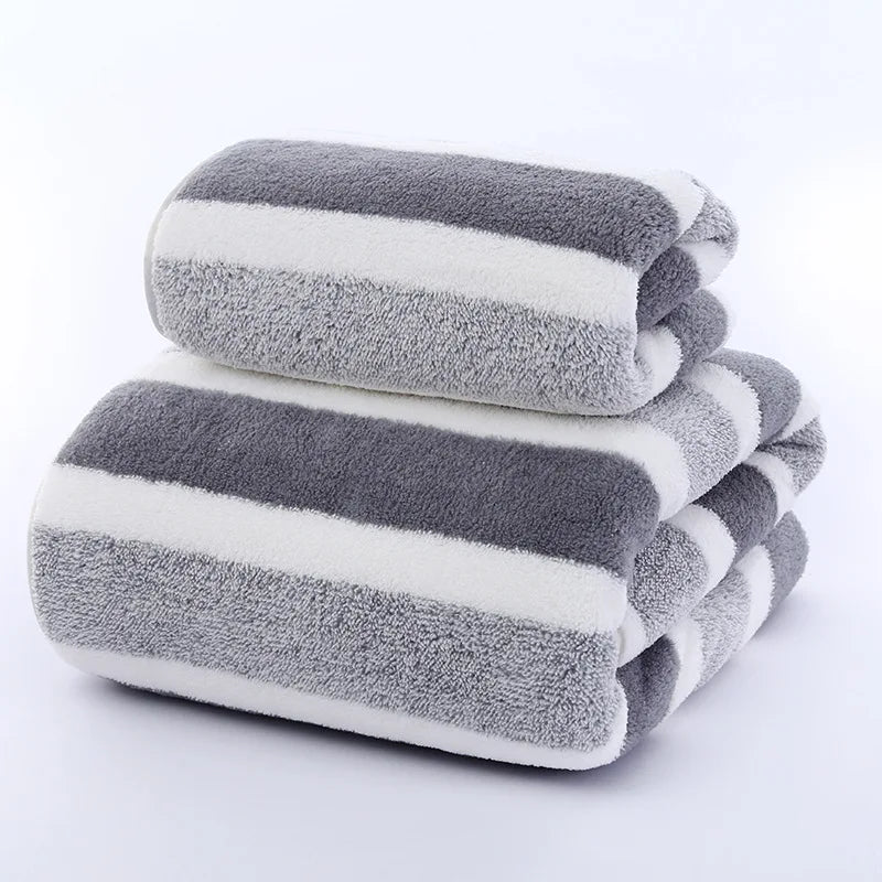 2PCS Thickened Absorbent Bath Towel Striped Pattern Towel Set Soft Face Towel for Home Bathroom Spa Quick Drying Microfiber