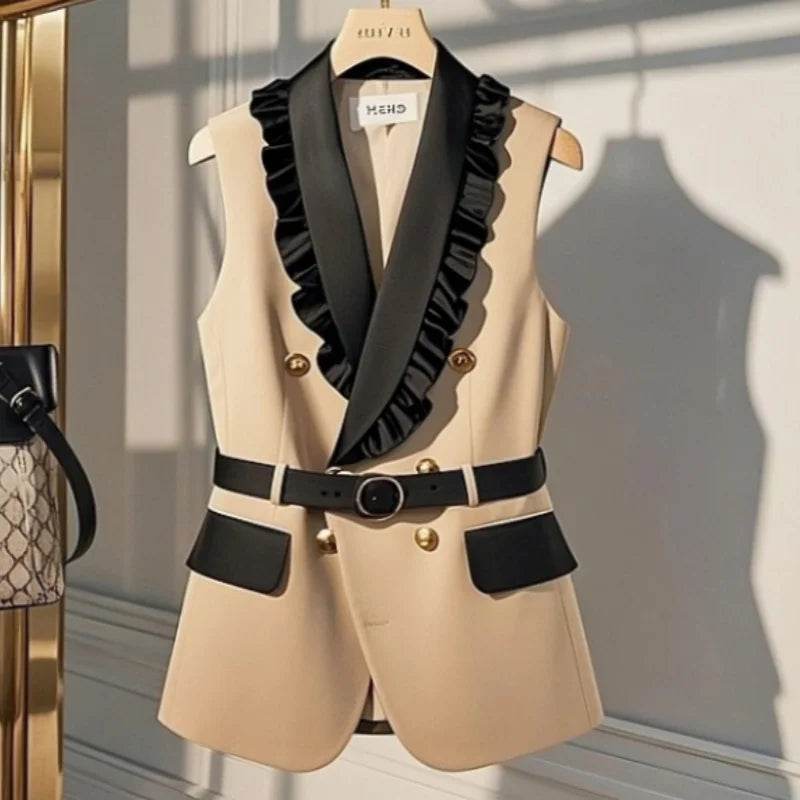 Large Size Summer White Jacket Vest Luxury Big Turndown Collar Point Collar Color Contrast Retro Waistcoat Elegant Office Ladies - AIAZ
