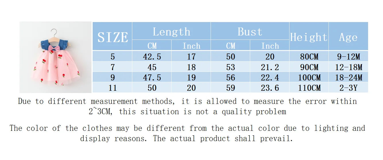 Summer Girl Dress Denim Fly Sleeved Bow Cute Cherry Colored Mesh Princess Dress Suitable for Babies Aged 0-3