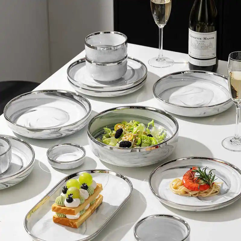 Light Luxury Ceramic Tableware Set Marble Fish Plates With Silver Rim Household Hotel LArge Capacity Soup Bowl Deep Plates