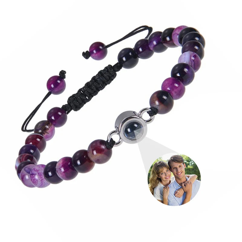 Natural Stone Beads Personalized Picture Bracelet Pink Zebra Stone Custom Photo Projection Bracelet Memorial Gifts for Women Men