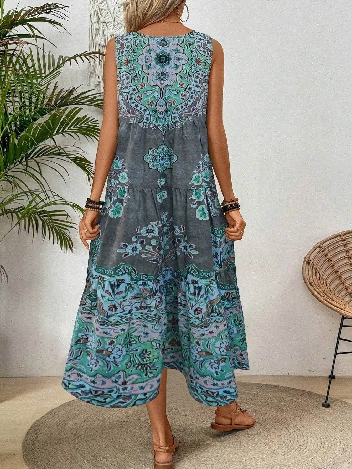 Women Vintage Print Sleeveless O-neck Vest Long Dresses 2025 Summer Fashion New Beach Vacation A-line Dress Woman Loose Dress - AIAZ