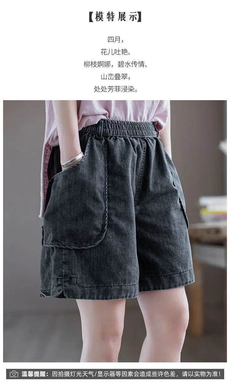 Summer Thin High-waisted Retro Denim Shorts for Women Loose Mid-pants New Wide-leg Large Pocket Five-point Pants - AIAZ