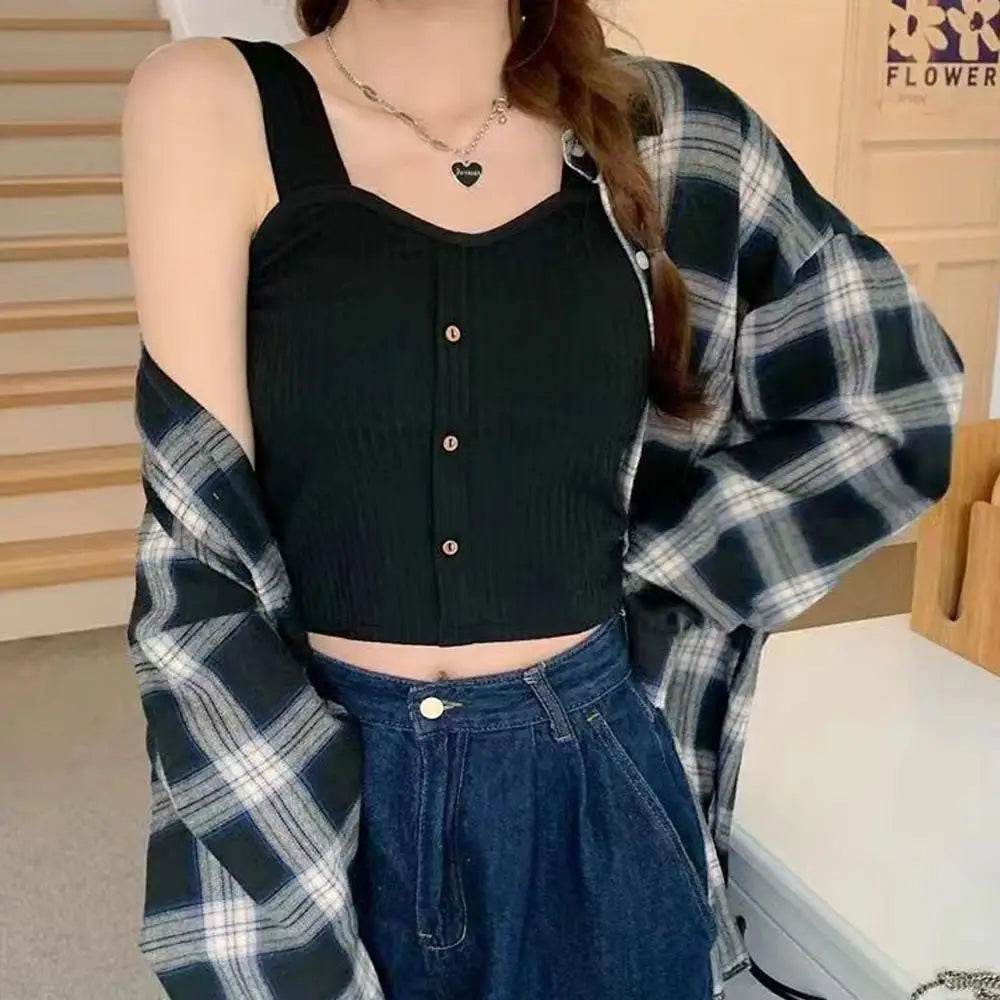 Women's Ribbed Tank Tops Y2K Cropped Tops with Bra Pads Knitted Button Down Suspenders Vest Sexy Camisole Female Short Tops - AIAZ