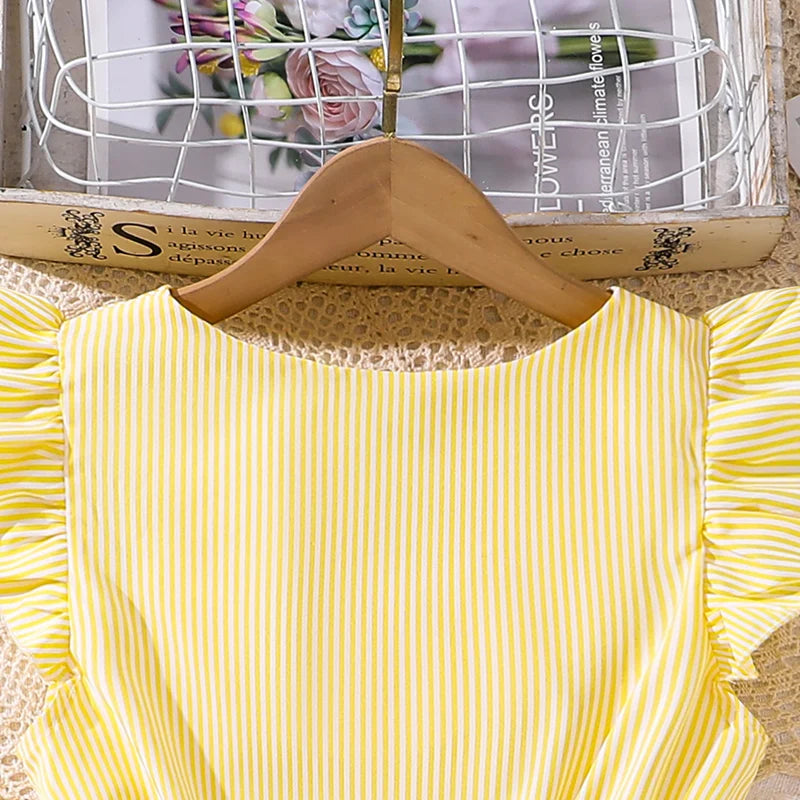 Girl Dress Summer New Light Blue Stripe Ruffled Sleeveless V-Neck Dress Elegant Cute Daily Casual Vacation Preppy Style Outifits