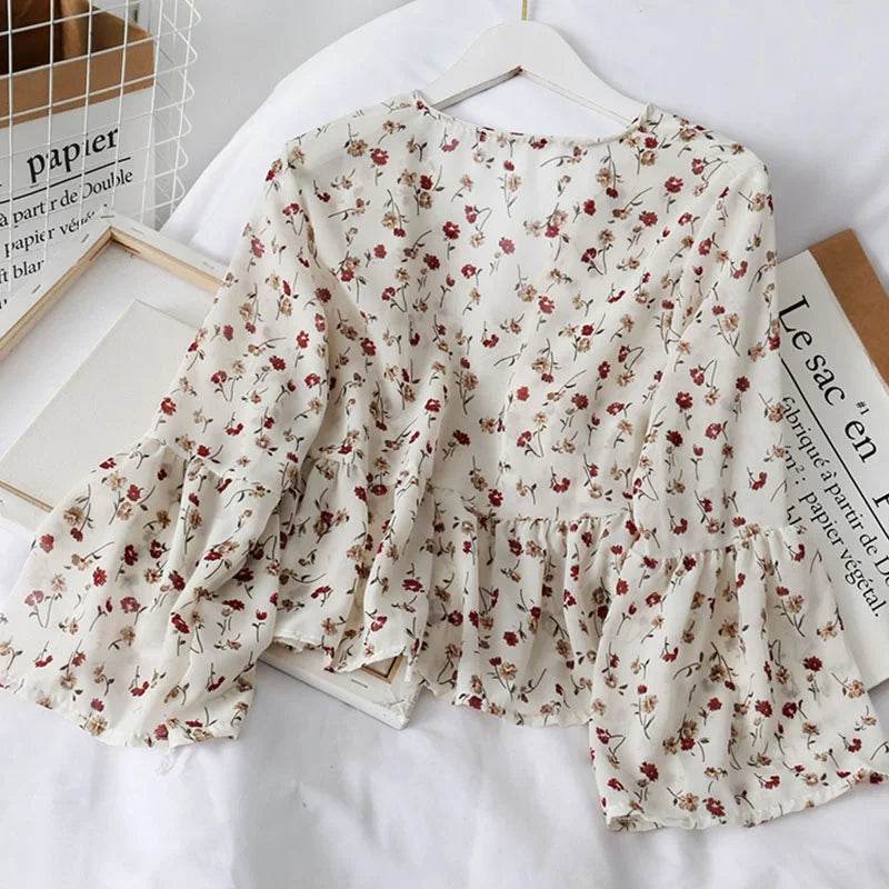 Blouses Women Temperament V Neck Floral Print Sweet Small Fresh Long Sleeves Chiffon Shirt Autumn All-match Short Crop Top - AIAZ