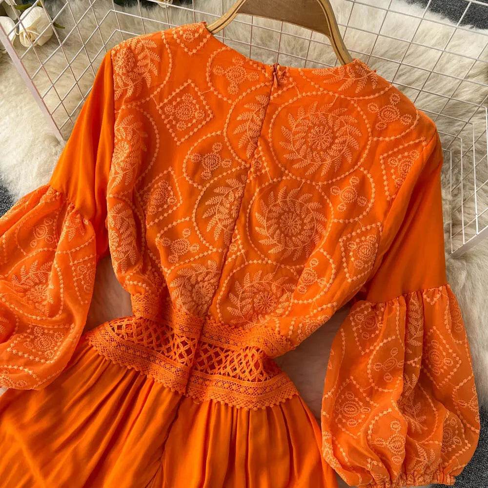 New Women Lantern Sleeved Elegant Dress Summer French Hollowed Out Mid Length Dresses Korean Style Vintage Long Dress - AIAZ