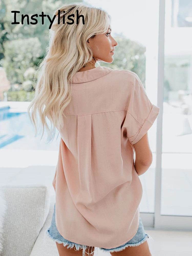 Women Elegant Solid Blouse and Shirt Summer Short Sleeve Turn Down Collar Loose Tunics Luxury Chic Blouse Streetwear Tops 2023 - AIAZ