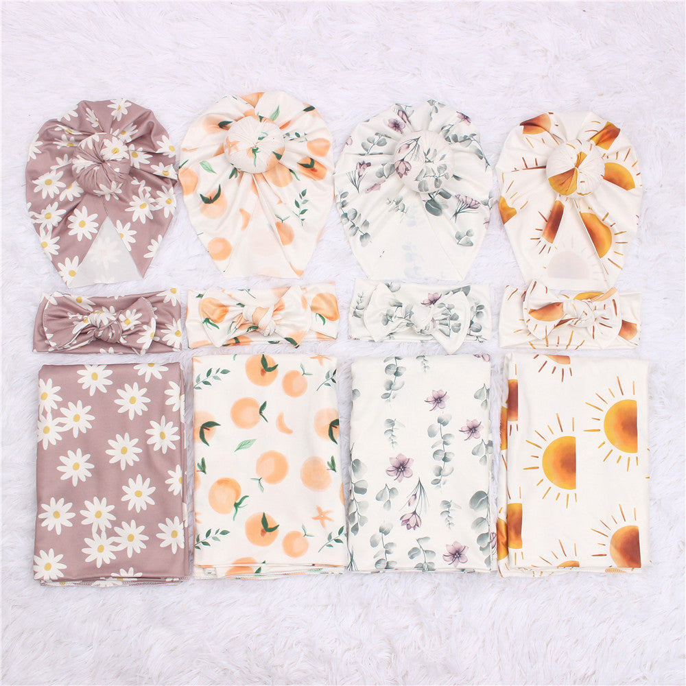 3pc/set Baby Swaddle Wrap New Born Receiving Blanket for Newborn Babies Accessories Soft Floral Headband Hat Bedding Baby Items