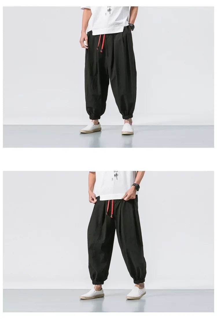 New Trendy Men Harem Pants Loose Oversized Style Cotton and Linen High Quality Jogger Sweatpants Casual Male Trousers - AIAZ