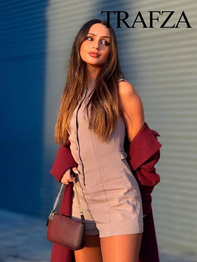 TRAFZA Women Fashion Sleeveless O Neck Slim High Waist Jumpsuits Woman Casual Summer Solid Elegant Single breasted Playsuits - AIAZ