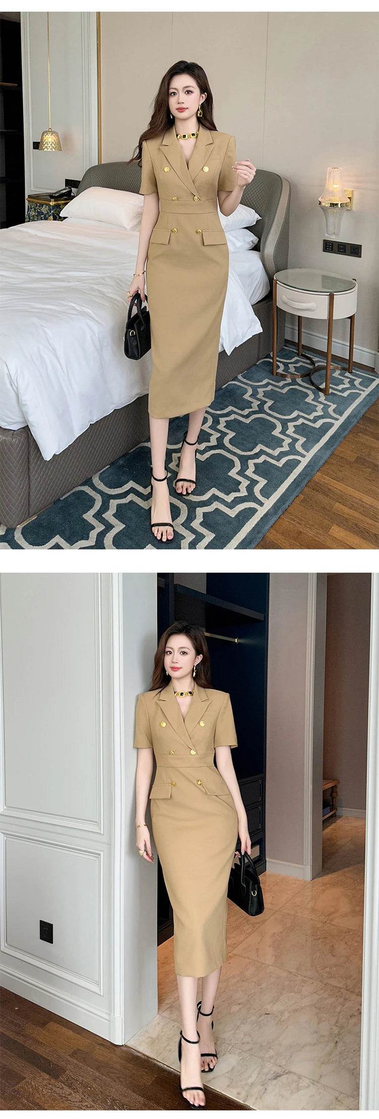 Elegant Office Lady Classic Business Formal Pencil Dress Women Clothes Blazer Commute Short Sleeve High Waist Slim Midi Vestidos - AIAZ