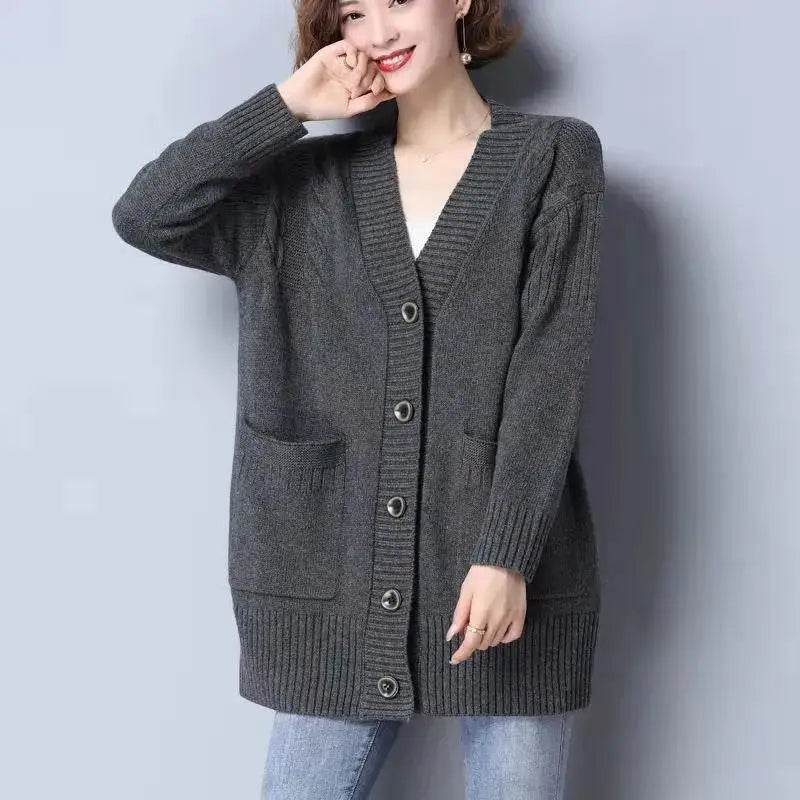 Knitted cardigan women's mid length westernized top autumn and winter new Korean version loose sweater age reducing jacket women - AIAZ