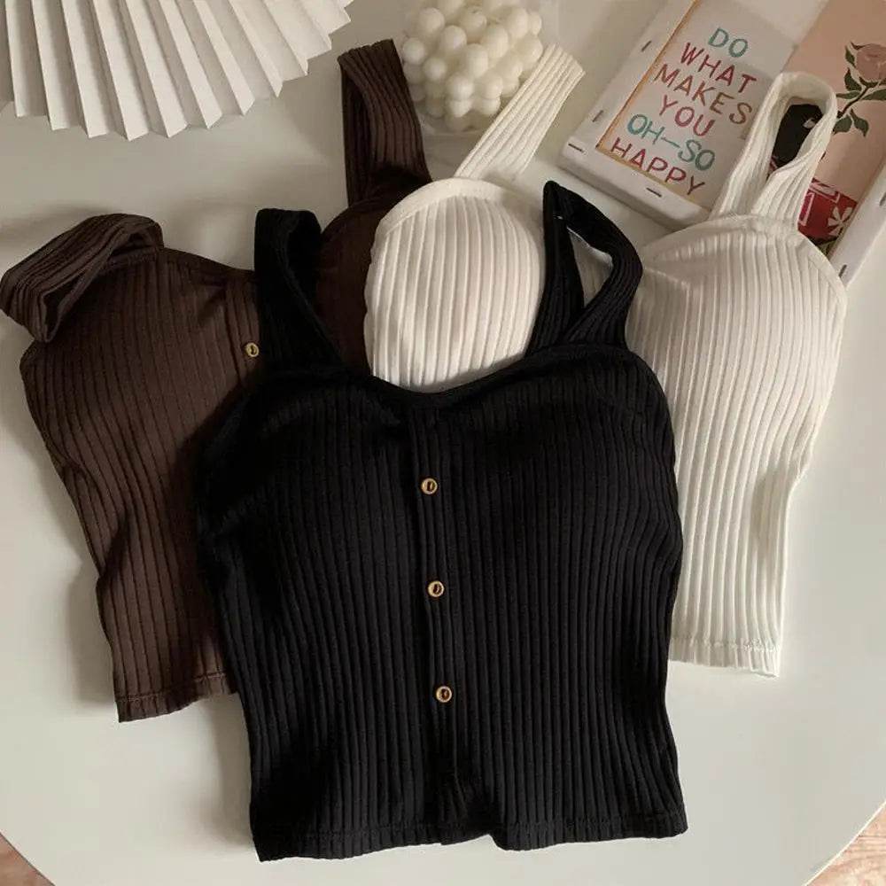 Women's Ribbed Tank Tops Y2K Cropped Tops with Bra Pads Knitted Button Down Suspenders Vest Sexy Camisole Female Short Tops - AIAZ