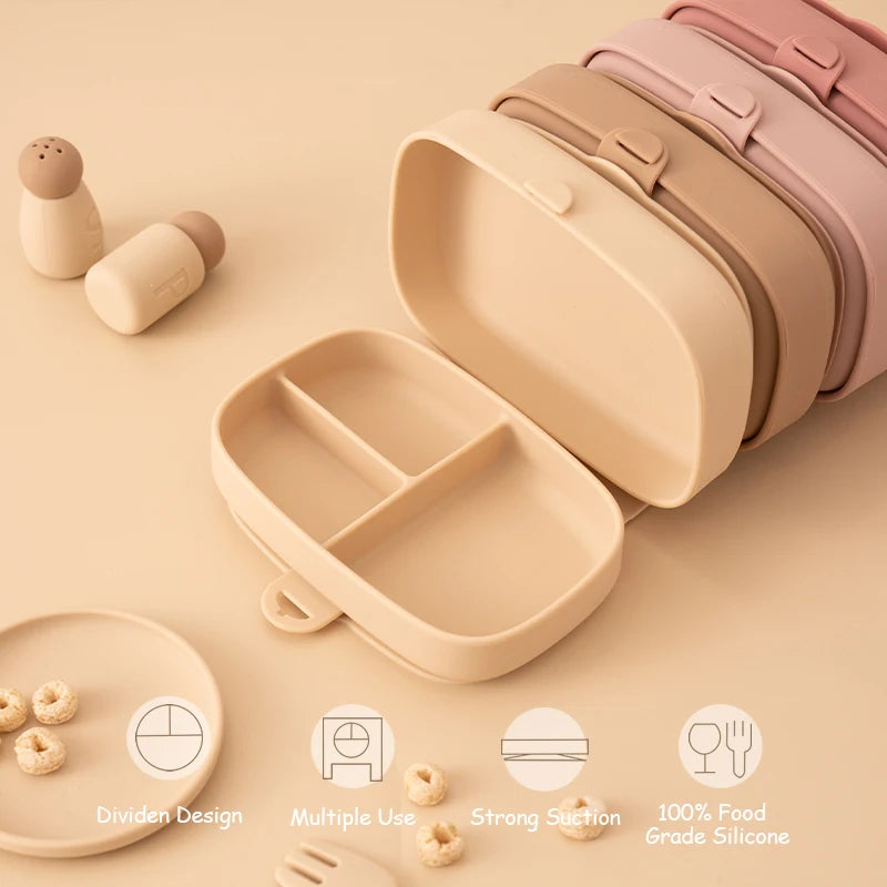 Food Grade Silicone Baby Lunch Box Leak-Proof Toddler Divided Food Container with Lid Bento Box Children Safe Tableware BPA Free