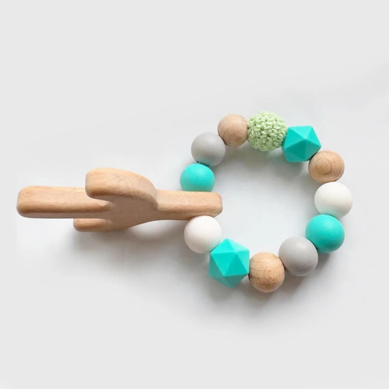 Baby Teether Bracelet Crochet Wood Crafts Engraved Bead Food Grade Silicone Beads Wood Animal Pendant Teething Toys For Rattle