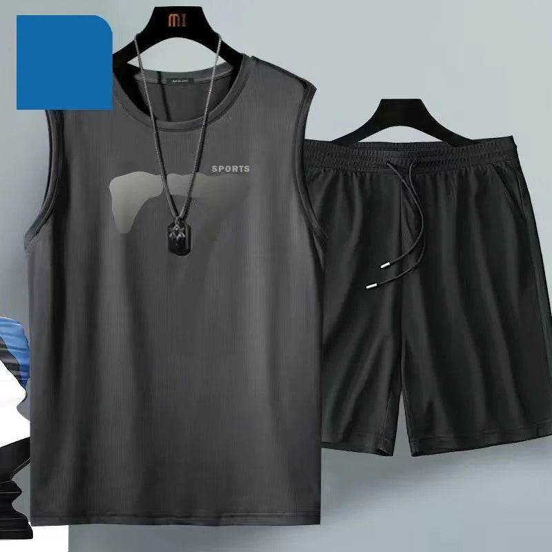 2025 Summer Clothes for Men Breathable Fitness Sports Quick Drying Men's Tank Top + Sweatpants Two-piece Sets Men's Clothing - AIAZ
