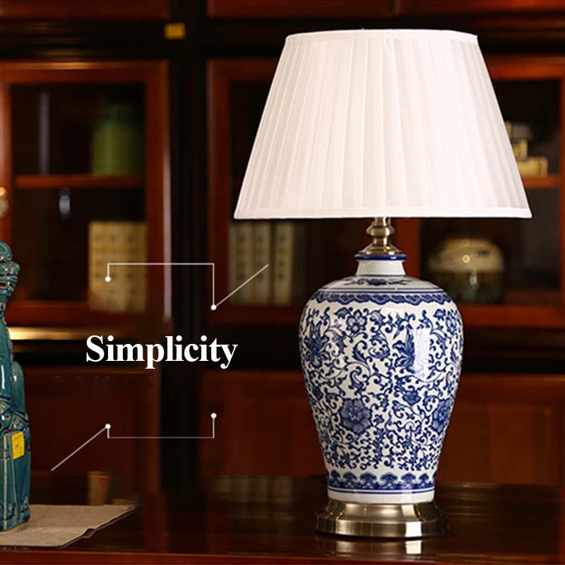 ANITA Modern Ceramics Table Lamps LED Dimming Chinese Blue And White Porcelain Desk Light for Home Living Room Bedroom